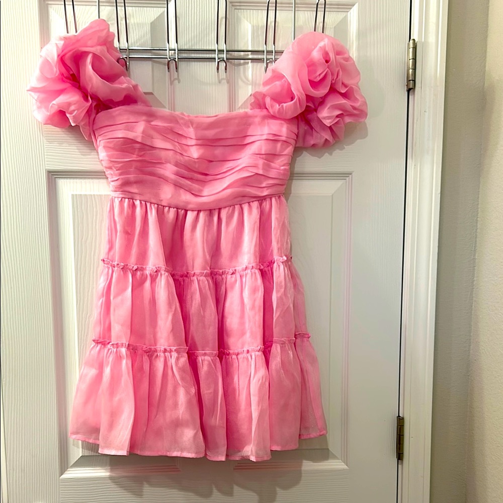 Pink Ruffled Off-Shoulder Babydoll Dress 
by Main Stip